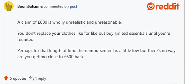 The post prompted debate in the comments about whether the user was excessive in claiming £600 worth of belongings