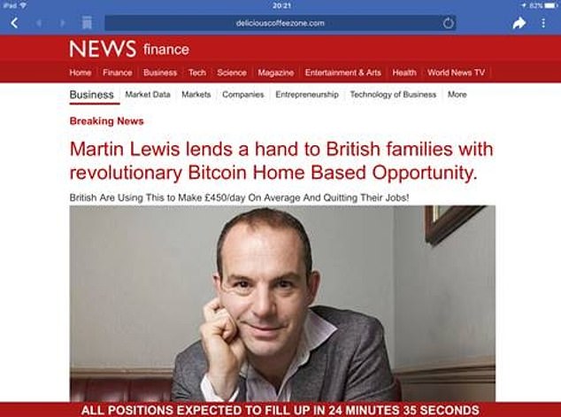The click-through from the advert takes users to a fake BBC News story with Martin Lewis's photosuggesting people can make £450 a day through a Bitcoin investment opportunity