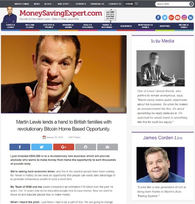 A fake article about Bitcoin investments on a fake version of the MoneySavingExpert.com