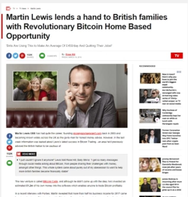 The click-through from that advert takes users to a fake Mirror Online story about Bitcoin