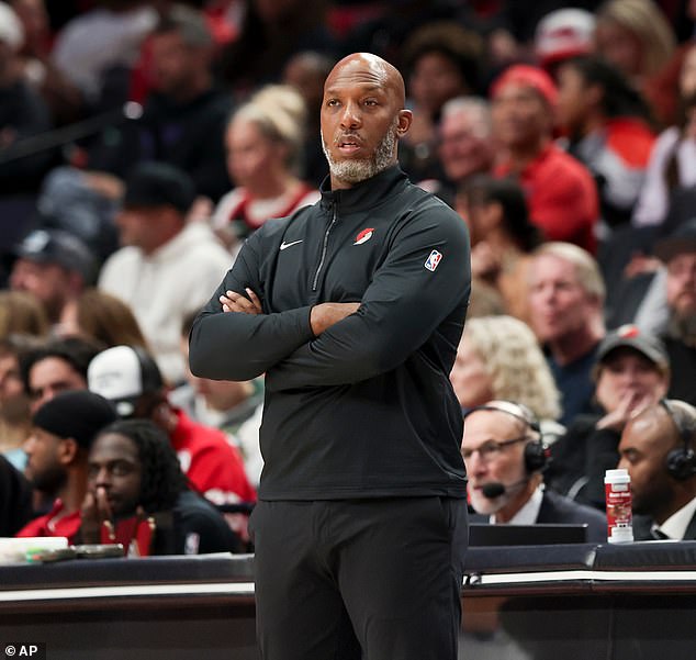 FILE - Portland Trail Blazers head coach Chauncey Billups looks on during the second half of an NBA preseason basketball game against the Golden State Warriors Tuesday, Oct. 14, 2025, in Portland, Ore. (AP Photo/Amanda Loman, File)