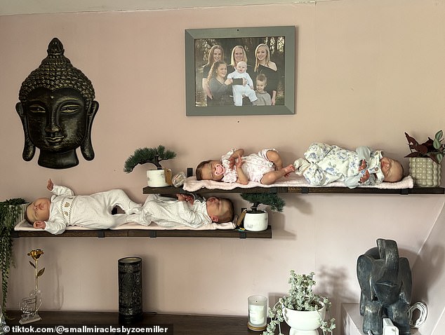Some of the 10 reborn dolls Miller has on display at home; she's an advocate for using the dolls as therapy objects for those who've lost a pregnancy or baby, and says she gives them to those who need them via her website Small Miracles by Zoe Miller