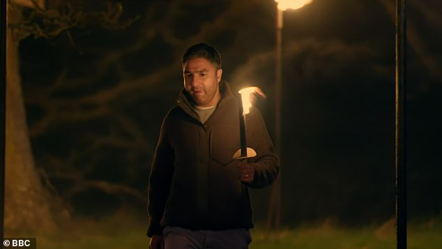 Lucy Beaumont, Nick Mohammad (pictured) and Kate Garraway made their way back to the giant chessboard from the day's task