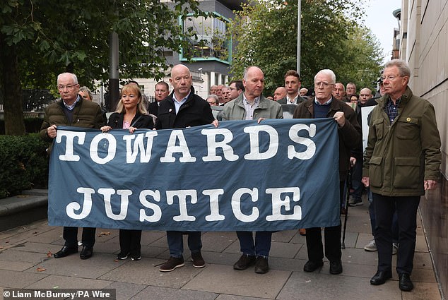 Historical inquests and prosecutions relying on the retrospective application of the European Convention on Human Rights were shut down. Pictured: Relatives of those killed on Bloody Sunday marched to court ahead of the judge's verdict