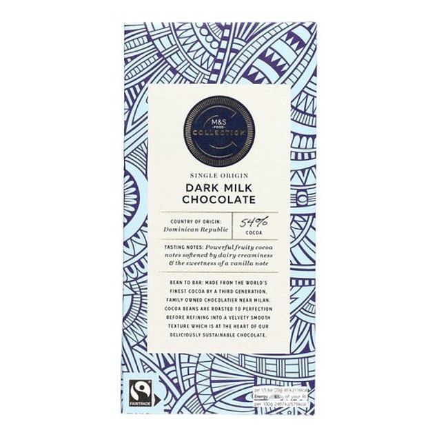 M&S Dominican Republic Dark Milk Chocolate: Contains 54 per cent cocoa solids, and just 36.4g sugar per 100g