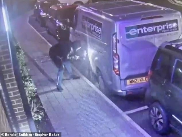 CCTV footage shows a thief looking at the lock on Mr Baker's hire van using the light on his phone torch
