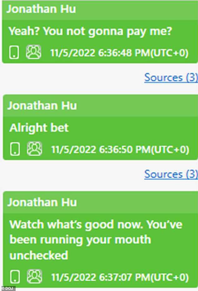 Hu allegedly sent chilling messages to a victim of the ring, who was identified as John Doe #5