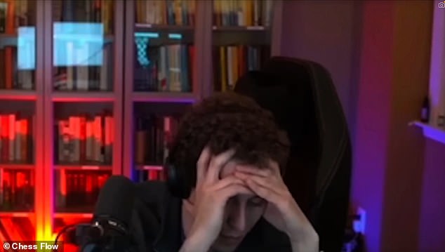 During the stream, Naroditsky was seen burying his head in his hands as he struggled during his chess marathon - declaring a 2am curfew when pressed by his friends to log off