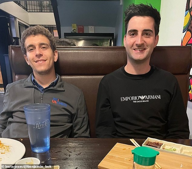 Longtime friend  Benjamin Bok (right) said he watched the live feed that Friday night with mounting concern. He even attempted to get Naroditsky's attention by sending a 'challenge' which briefly flashed up on screen