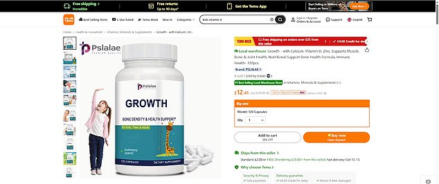 Temu had ¿Growth¿ and ¿Height Growth Maximiser¿ supplements from the brand Pslalae available to buy, described as ¿perfect for kids, teens and adults¿. But, these vitamins contained 2,500 IU (62.5µg) of vitamin D3