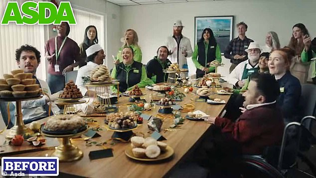 ASDA employees crowded around a table filled with Christmas-themed goodies in the company's 2023 advert
