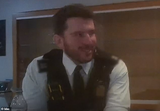 PC Sinclair-Birt (pictured) said he 'whacked the s**t out of the back of his [a detainee's] legs trying to get him to the floor'