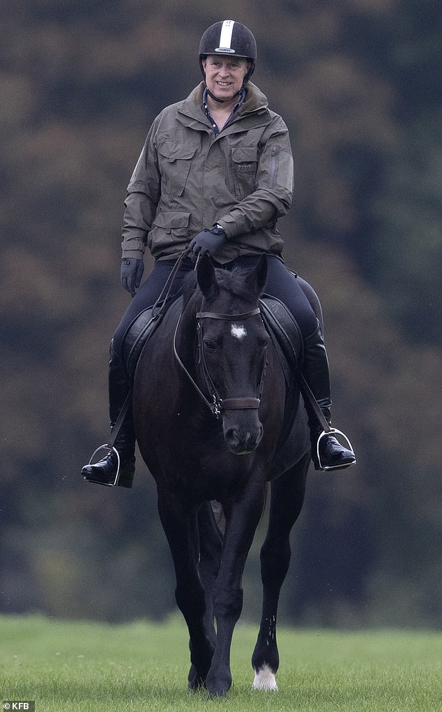 Andrew (pictured) is said to have regularly gone out riding for around an hour, always accompanied by a royal groom, who are funded privately by the monarch