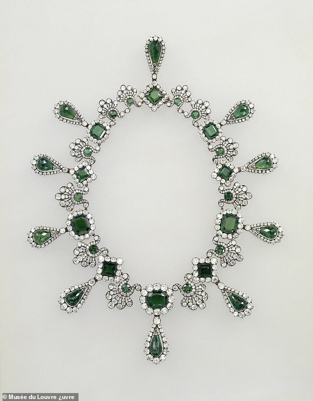 Thieves also got away with an emerald necklace, pictured, from the Marie-Louise set made by master jeweller François-Régnault Nitot in 1810