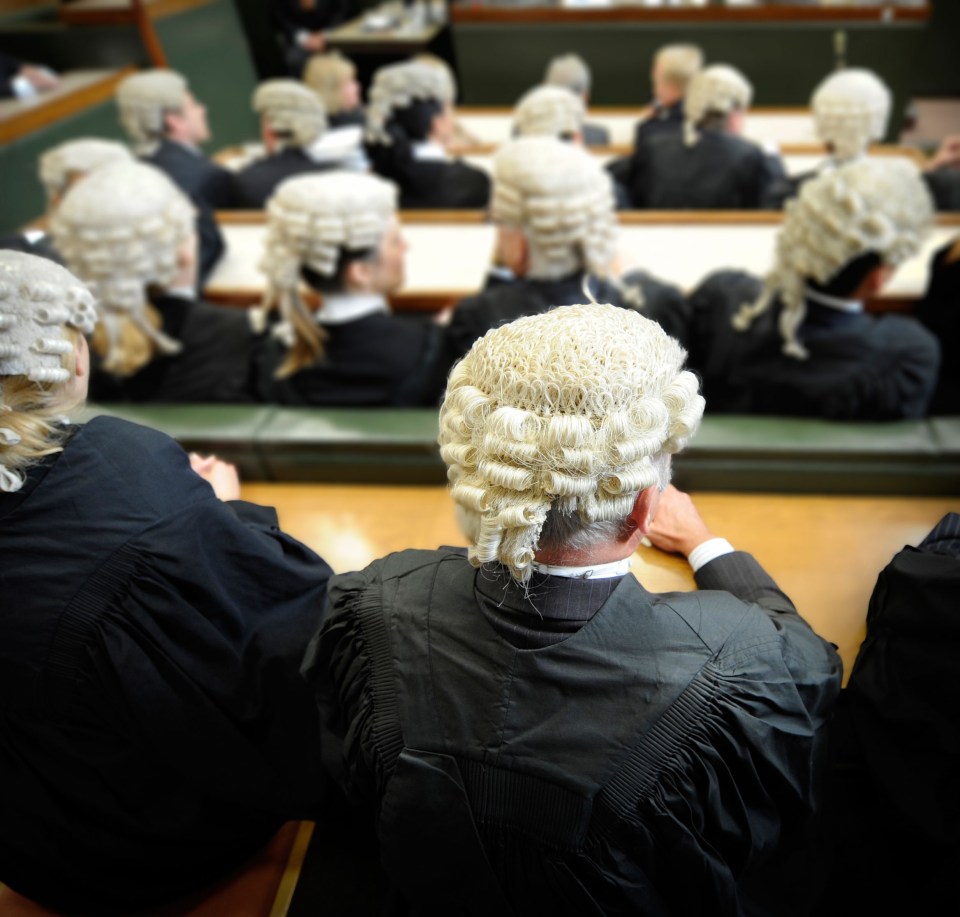 Barristers wearing wigs in a courtroom.