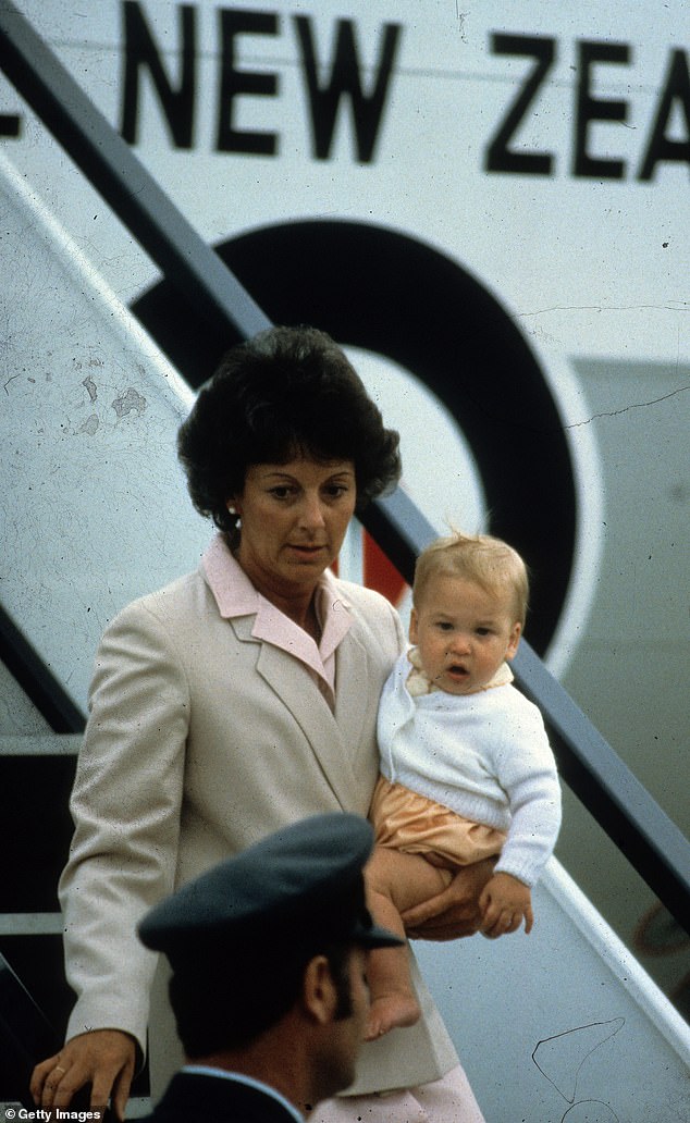 Nanny Barbara Barnes carries baby Prince William down the steps of the aircraft as they arrive in Auckland, New Zealand, in 1983