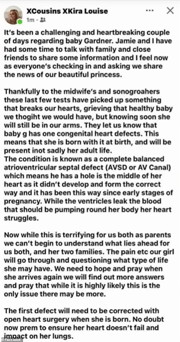 Kira shares a post on Facebook about the 'health' of her 'baby' Bonnie-Leigh, before claiming she died to end the ruse