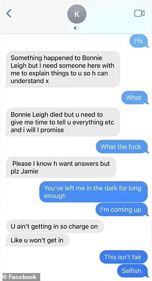 Kira panicked about keeping the deception going and had invented an elaborate back story about Bonnie-Leigh being rushed to hospital. She had even texted her partner to tell him