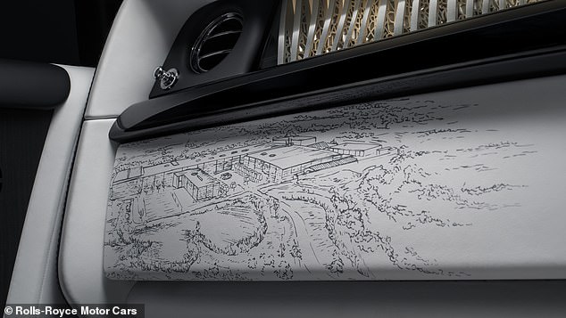 The rear doors portray the coastline of Le Rayol-Canadel-sur-Mer, where Sir Henry Royce spent his winters at Villa Mimosa, along with local plants including pine, cypress, ferns and palm