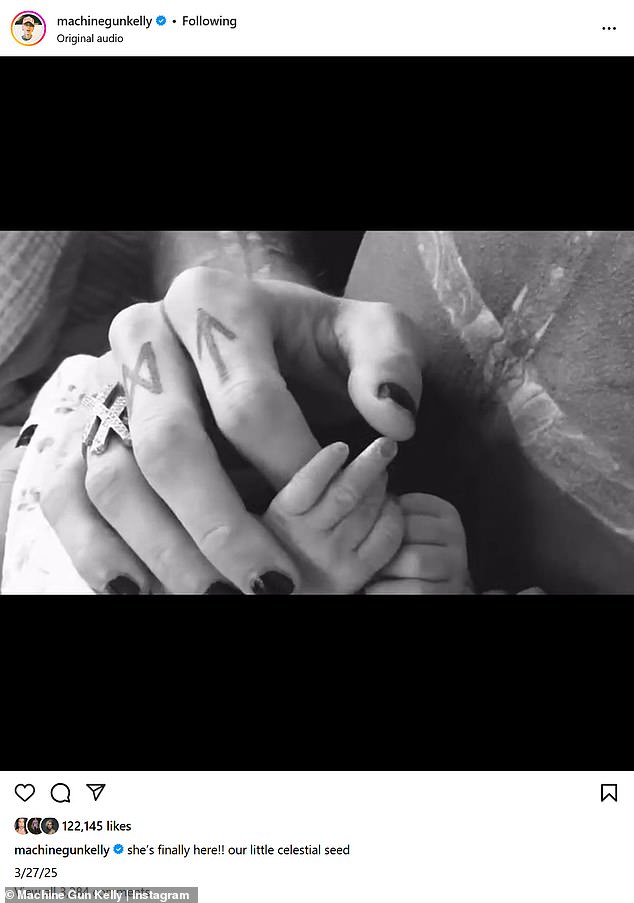 At the time, MGK jumped to social media to announce that the little one had been born and wrote, 'She's finally here!! our little celestial seed 3/27/25'