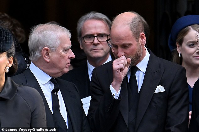 On what was a sombre occasion, Andrew was seen breaking into laughter while standing next to William. And an extraordinary exchange captured between the future King and his uncle showed William deliberately shielding his mouth while making a quick remark to Andrew