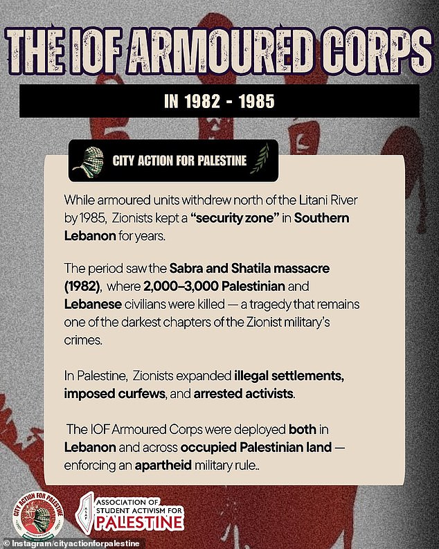 The group says: 'In Palestine, Zionists expanded illegal settlements, imposed curfews, and arrested activists'