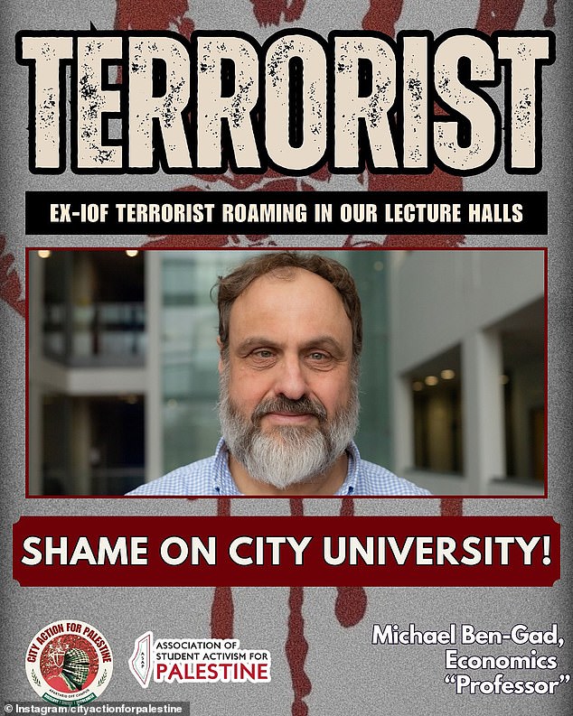 Distributed leaflets plaster the economics professor's face beneath the capitalised word 'terrorist' on a blood-stained background alongside the slogan 'shame on City University'