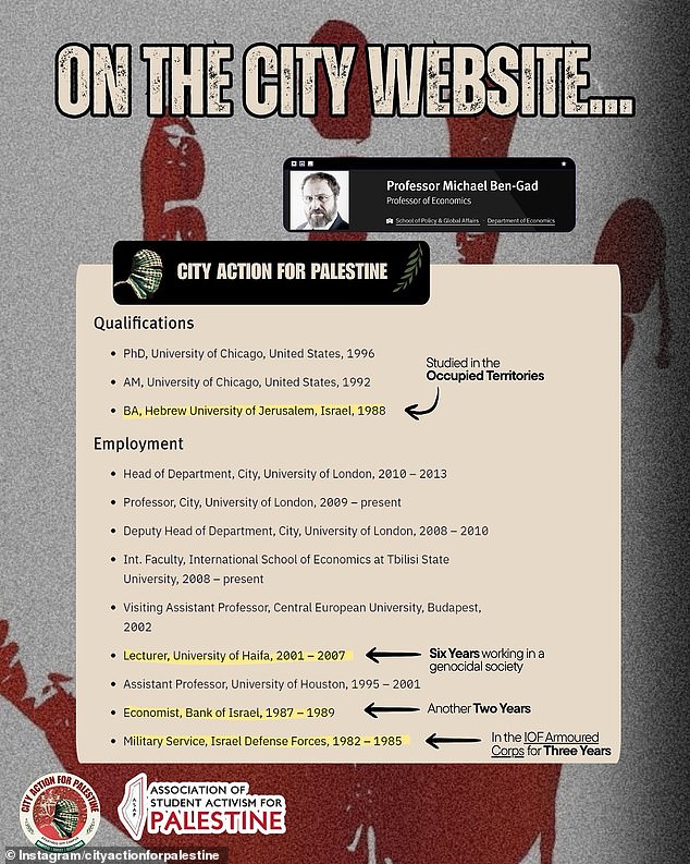 One poster distributed by protesters recounted the professor's employment history - with his 'six years working in a genocidal society' as a lecturer at the University of Haifa proving a particular point of contention