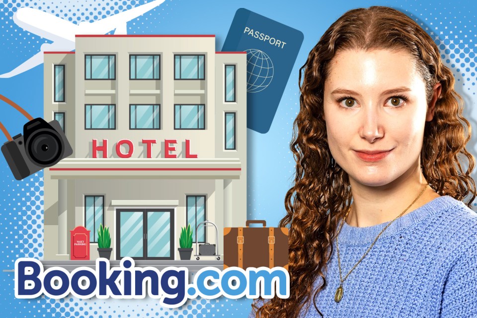 Collage of a woman with curly hair next to illustrations of travel items, including a hotel, camera, passport, suitcase, and a Booking.com logo.