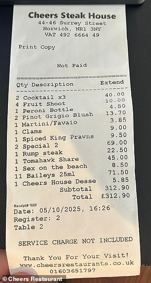 Now, the Daily Mail can reveal the content of the expensive receipt which the owner of Cheers, Andrea Marinho, had to pay for out of her earnings for the day