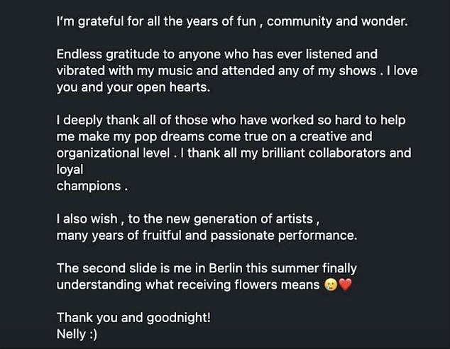 'Thank you for the ride,' she told fans, adding that while she’s stepping back from live performances, she’ll 'always be writing music'