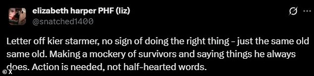 Ms Harper wrote (pictured, her post on X about the letter): 'Letter off Keir Starmer, no sign of doing the right thing - just the same old same old'