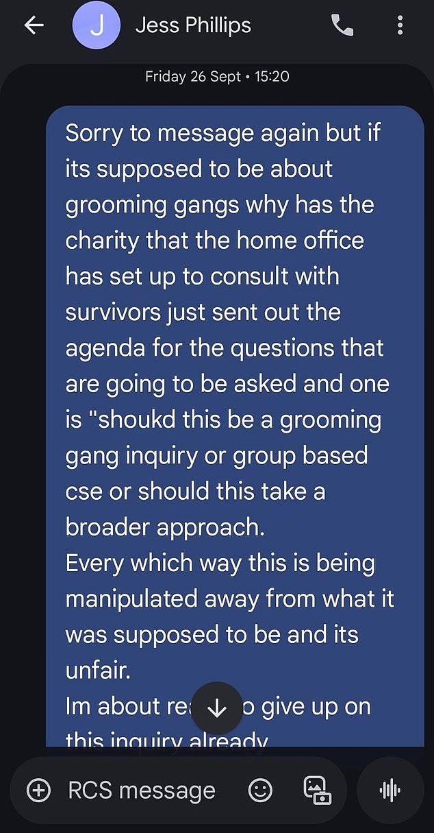 Many survivors believe the national inquiry must have a tight focus on the issue of grooming gangs - which Ms Goddard raised concerns about in a recent text conversation (pictured) with safeguarding minister Jess Phillips, who is in charge of setting up the inquiry
