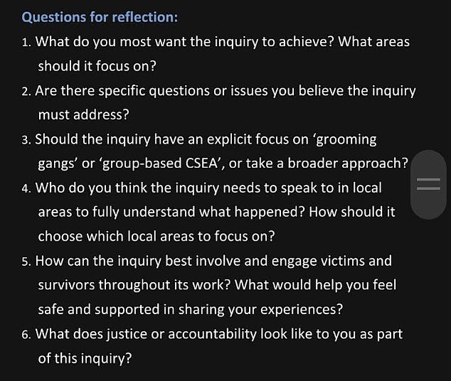 The NWG Network charity, which is running victims' liaison for the inquiry, had sent a list of 'questions for reflection' (pictured) to panellists ahead of a meeting
