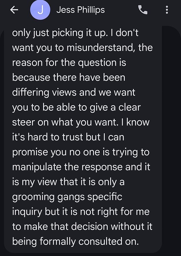 Ms Goddard was concerned about a question about broadening the inquiry's scope - to which Ms Phillips replied (pictured): 'It is my view that it is only a grooming gangs specific inquiry but it is not right for me to make that decision without it being formally consulted on'