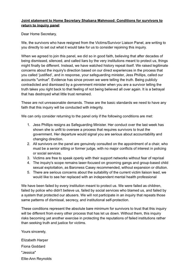 The four women who left the panel wrote to Home Secretary Shabana Mahmood (pictured, their letter) about Ms Phillips's comments on the scope of the inquiry