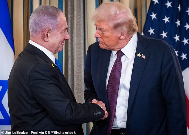 As part of the plan, the Israel Defense Forces (IDF) would steadily hand authority over Gaza to the newly established ISF (pictured: Trump and Netanyhu after reaching a peace deal)