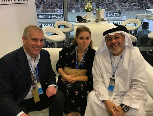 Andrew, Beatrice and Dubai businessman Hussain Al Nowais at the Abu Dhabi Grand Prix in 2016