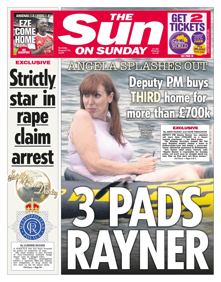 Front page of The Sun newspaper with the headline "ANGELA SPLASHES OUT Deputy PM buys THIRD home for more than £700k" and an image of Angela Rayner in an inflatable kayak.
