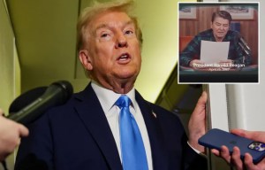 An image collage containing 2 images, Image 1 shows President Donald Trump speaks to the media aboard Air Force One, Image 2 shows President Ronald Reagan speaking on a television screen