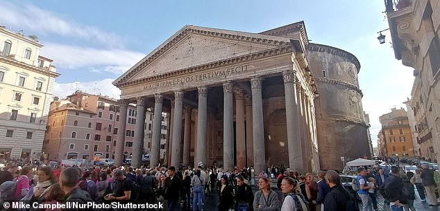 Mr Hibino lost his balance and fell to his death, local media reported. Pictured: The Pantheon, the most intact of all Roman structures in the Italian capital.