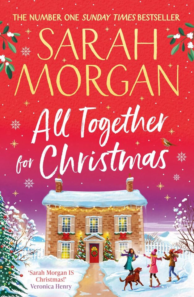 Illustration of the book cover "All Together for Christmas" by Sarah Morgan, featuring a snowy house and three people playing with a dog.