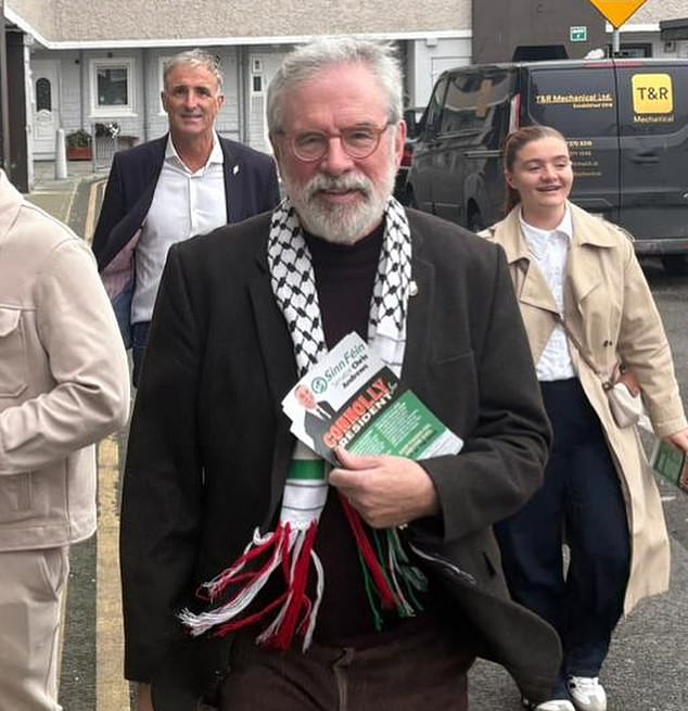 Ms Connolly's campaign was backed by Gerry Adams (pictured holding a 'Connolly for President' flyer), the former president of Sinn Fein