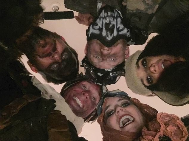 Prince Harry and Meghan (top right) are seen partying with Princess Eugenie, Jack Brooksbank and a friend (far left) for Halloween in their new Netflix documentary
