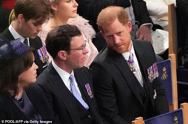 At the King's Coronation in 2023, Harry was captured walking into Westminster Abbey alongside Princess Eugenie and sharing a 'happy exchange' with her husband Jack