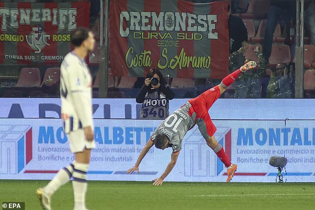 The 38-year-old brought out his acrobatic skills for the celebration, wheeling away towards the corner flag before pulling of a cartwheel and a backflip