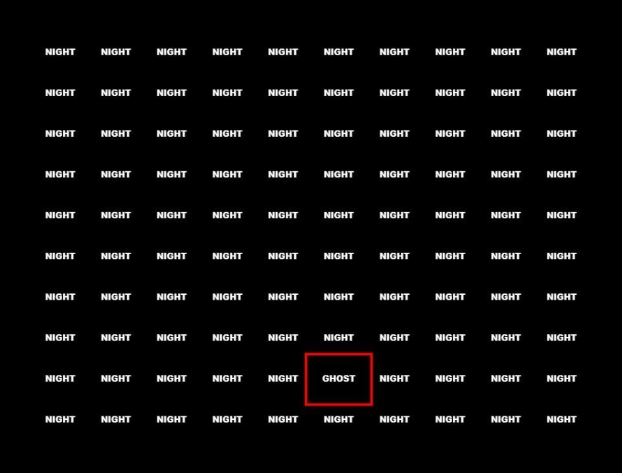 An illustration showing a grid of the word "NIGHT" with the word "GHOST" highlighted in a red box among them.