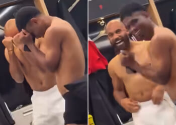 Topless Mbeumo and Amad gyrate in the dressing room as they continue celebrations after Man Utd win over Brighton