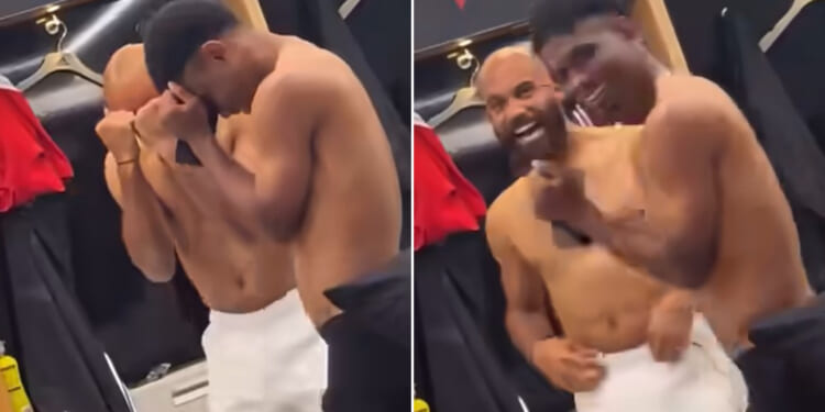 Topless Mbeumo and Amad gyrate in the dressing room as they continue celebrations after Man Utd win over Brighton