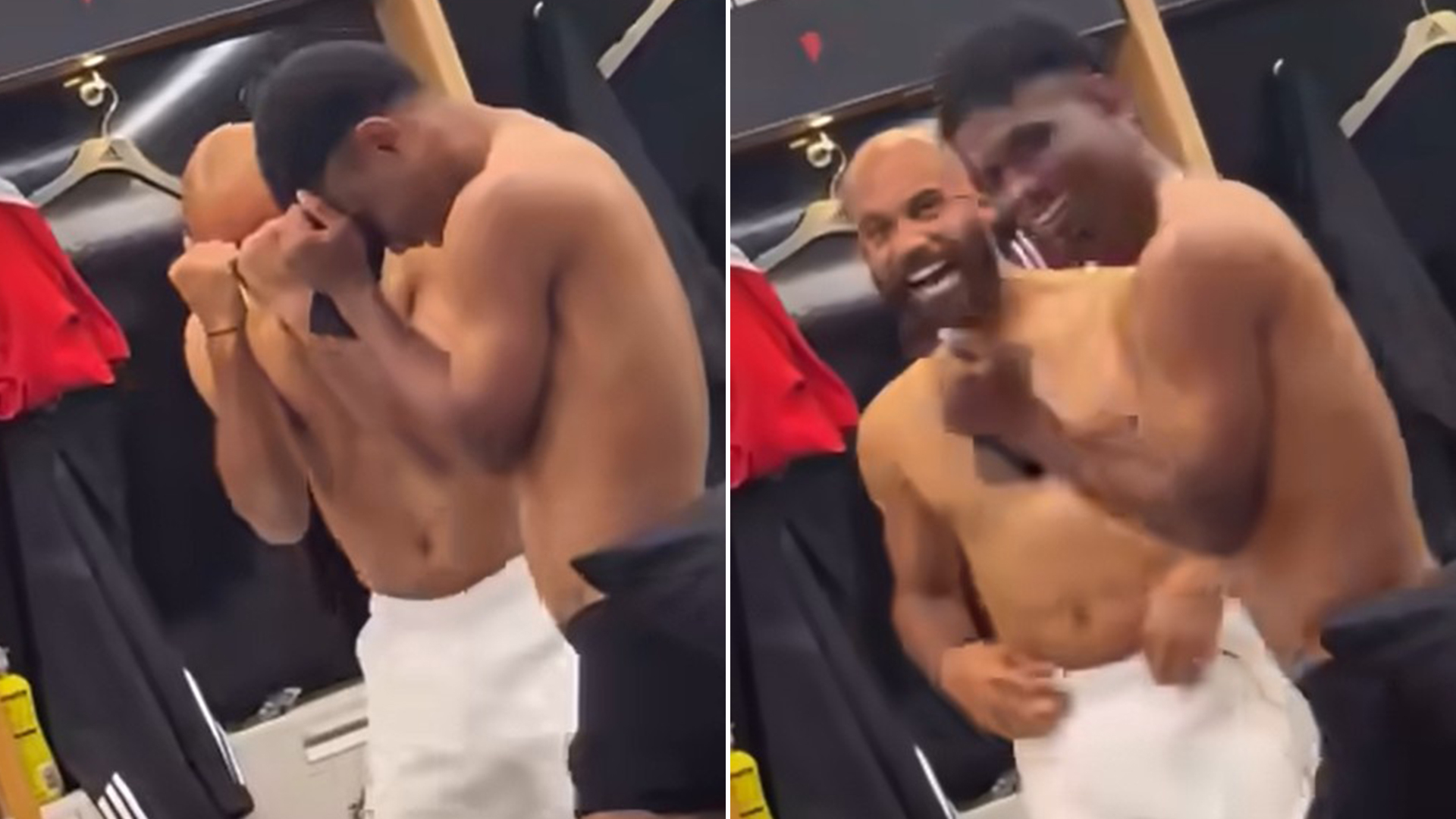 Topless Mbeumo and Amad gyrate in the dressing room as they continue celebrations after Man Utd win over Brighton